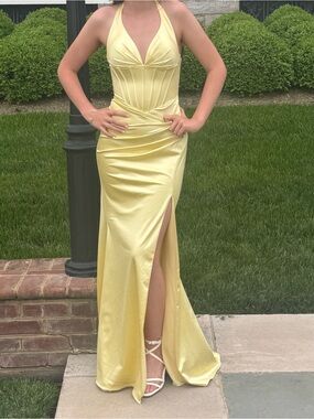 Windsor Pale Yellow Satin Halter Prom Gown with High Slit